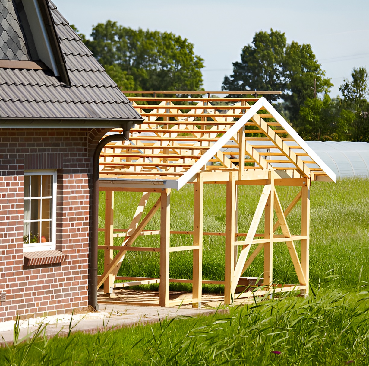 shed construction next to a house with brick walls